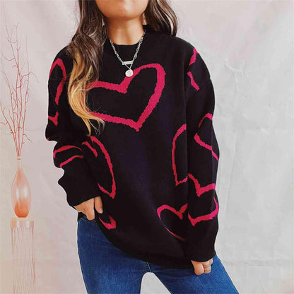 Heart Pattern Long Sleeve Sweater Black / S