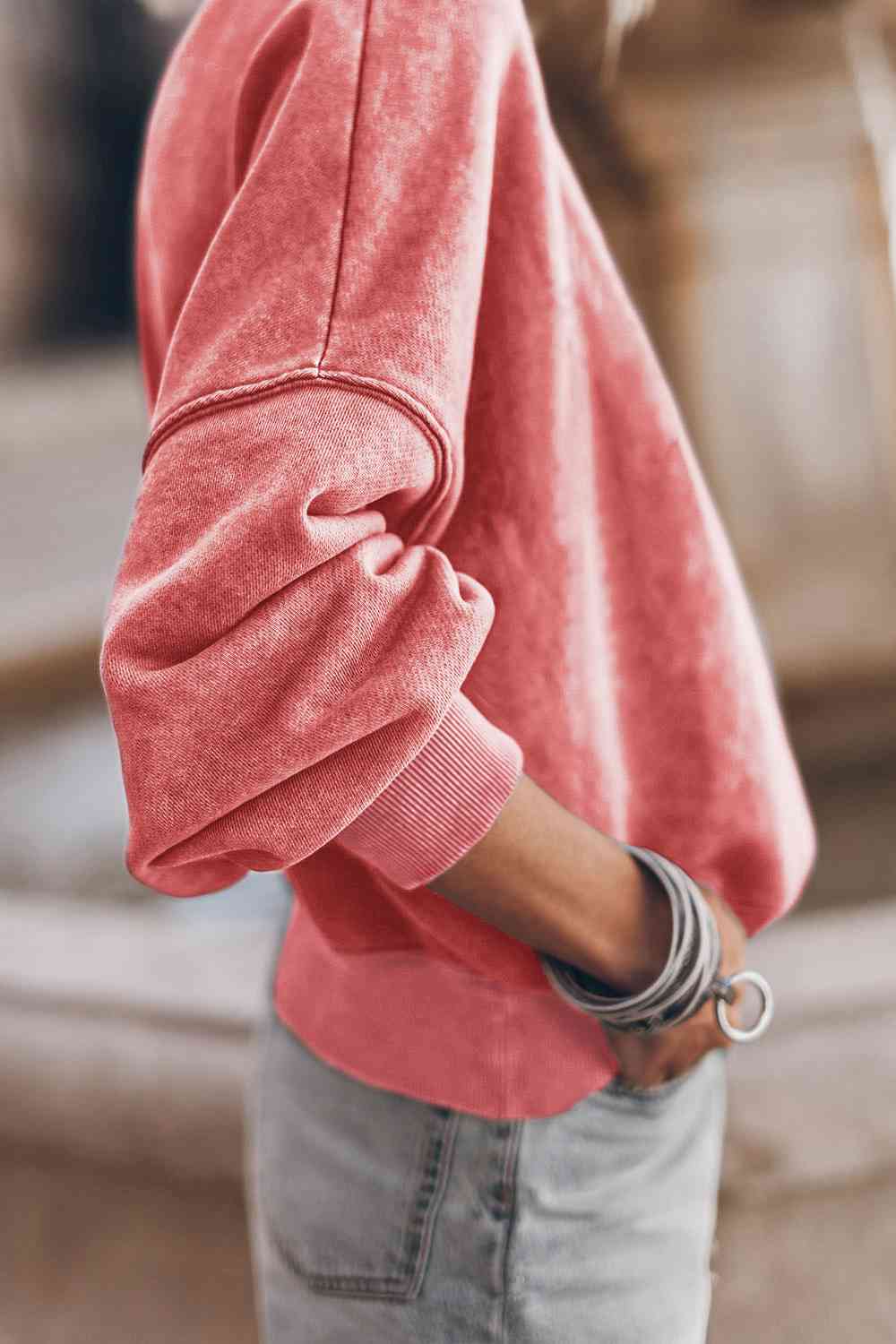 Ribbed Round Neck Dropped Shoulder Sweatshirt