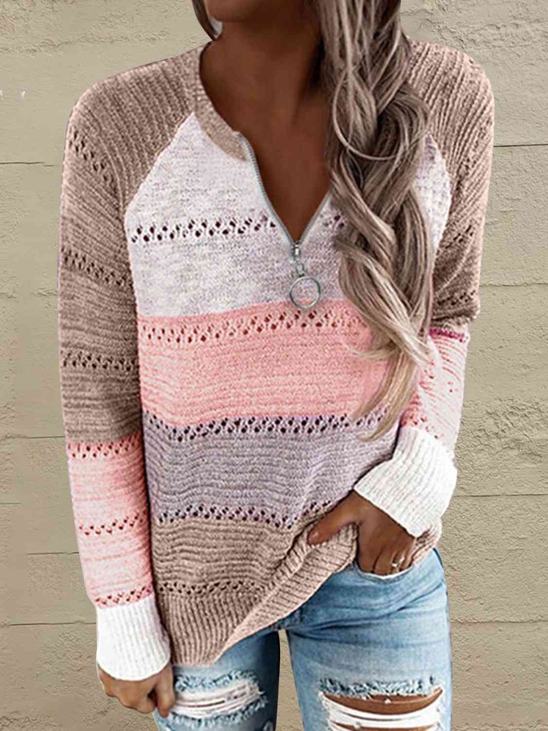 Full Size Color Block Half Zip Sweater Blush Pink / S
