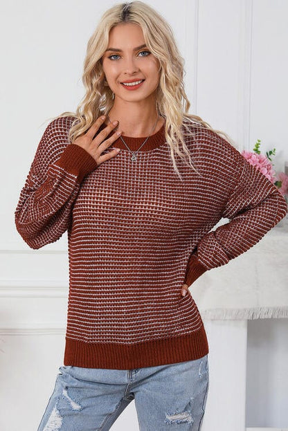 Textured Round Neck Long Sleeve Sweater Brick Red / S