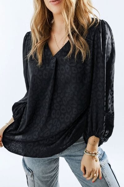 Leopard V-Neck Balloon Sleeve Blouse Black / S