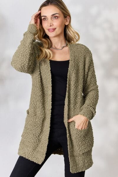 Zenana Falling For You Khaki Open Front Popcorn Cardigan Khaki / S