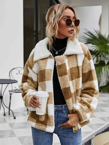 Fuzzy Plaid Zip-Up Collared Jacket Taupe / S