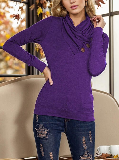 Buttoned Mock Neck Long Sleeve Top