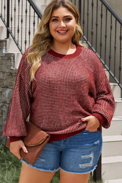 Plus Size Waffle-Knit Round Neck Dropped Shoulder Sweater Deep Red / 1XL