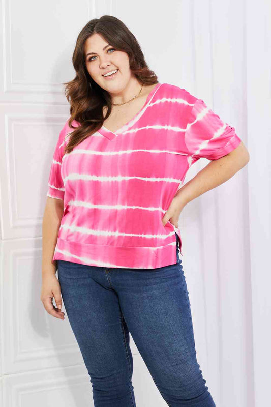 Yelete Full Size Oversized Fit V-Neck Striped Top Hot Pink / S