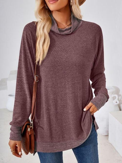 Contrast Mock Neck Long Sleeve T-Shirt Plum / S