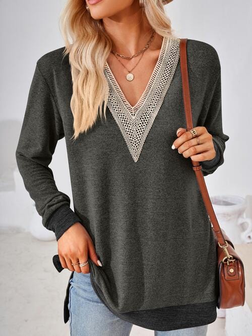 Crochet V-Neck Long Sleeve Slit Top Charcoal / S