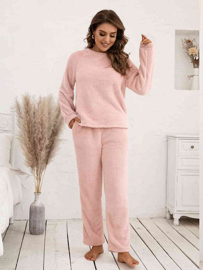 Teddy Long Sleeve Top and Pants Lounge Set Peach / S