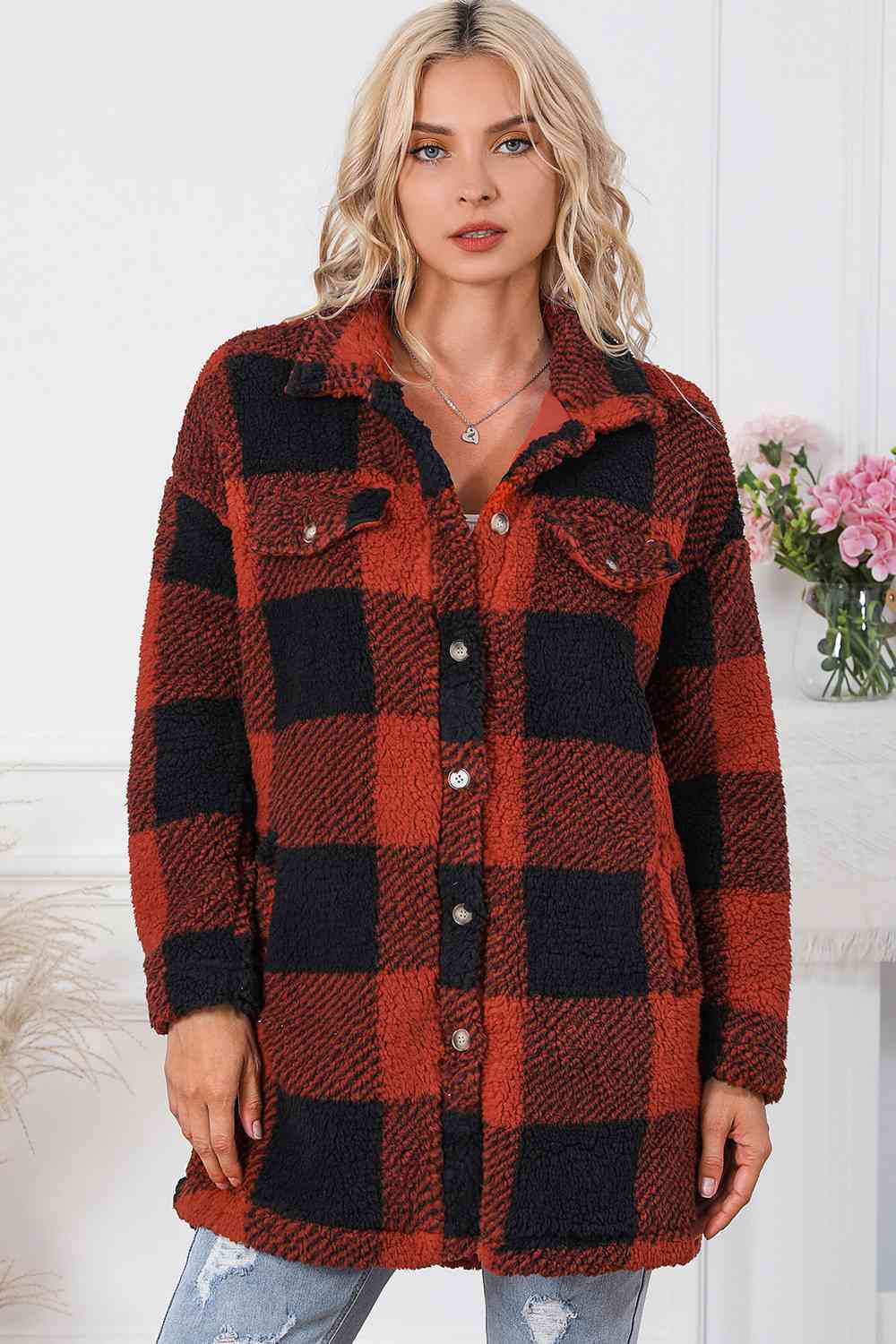Plaid Button Down Coat with Pockets Red Bufflao Plaid / S