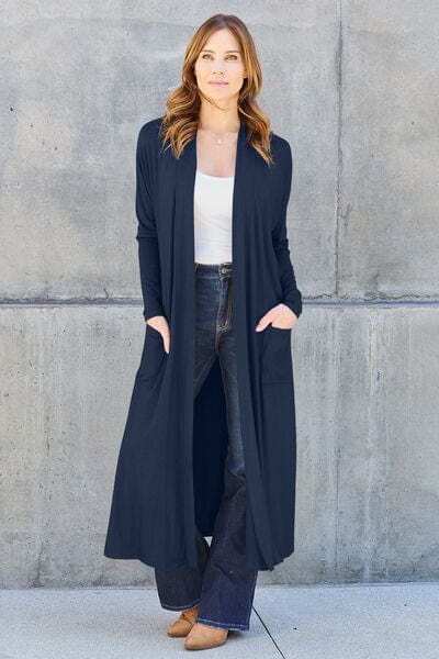 Basic Bae Full Size Open Front Long Sleeve Duster Cardigan Dark Navy / S