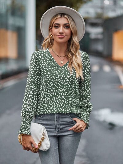 Printed V-Neck Lantern Sleeve Blouse Sage / S