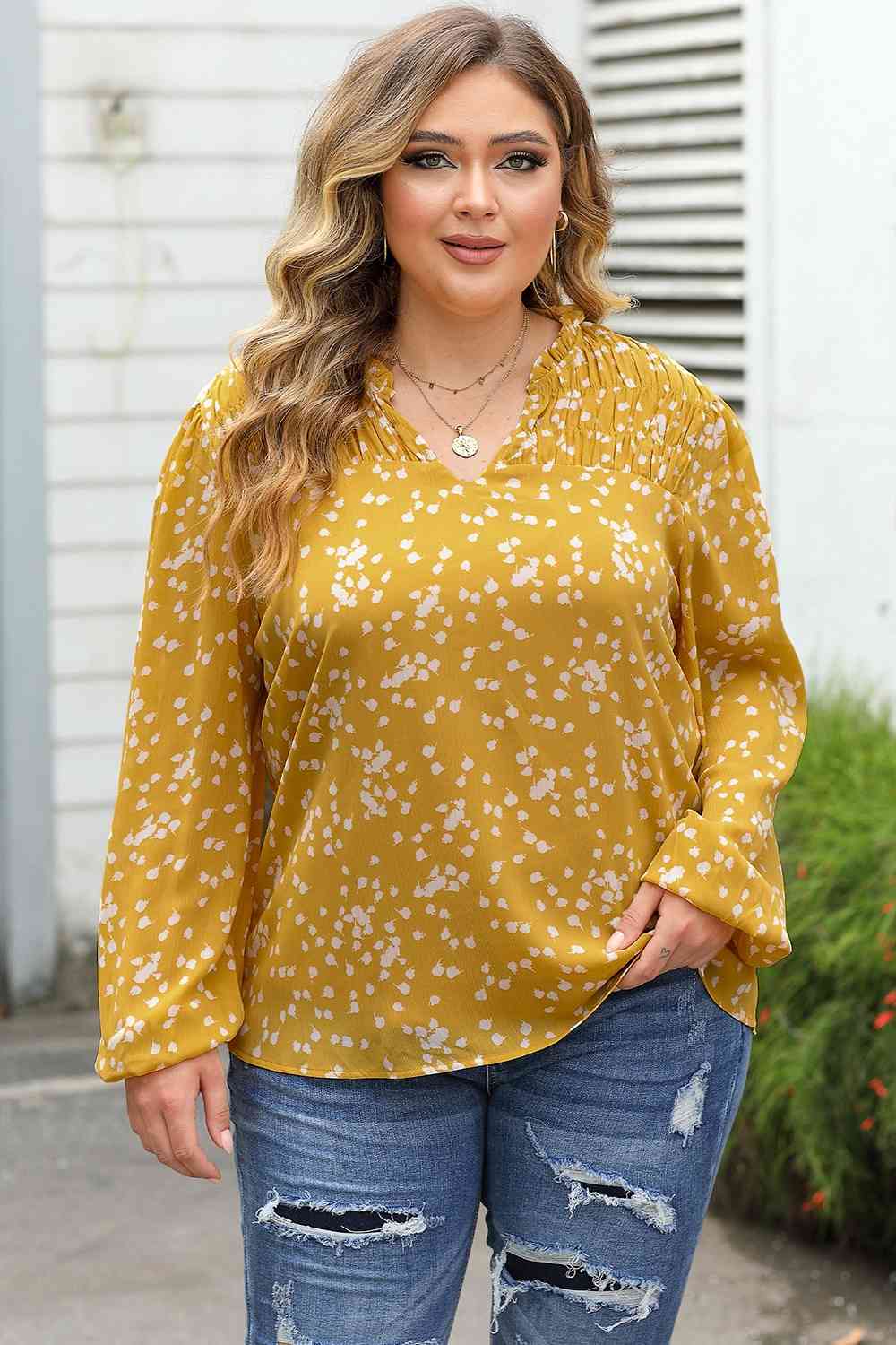 Plus Size Notched Neck Smocked Blouse Canary Yellow / 1XL
