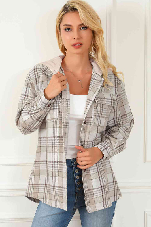 Plaid Button Down Hooded Jacket Sand / S