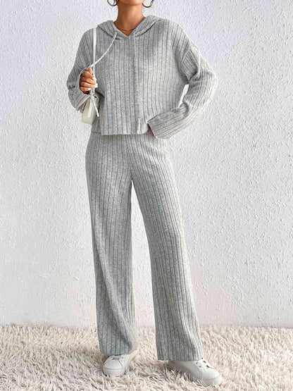 Drawstring Ribbed Hoodie and Straight Leg Pants Set Light Gray / S