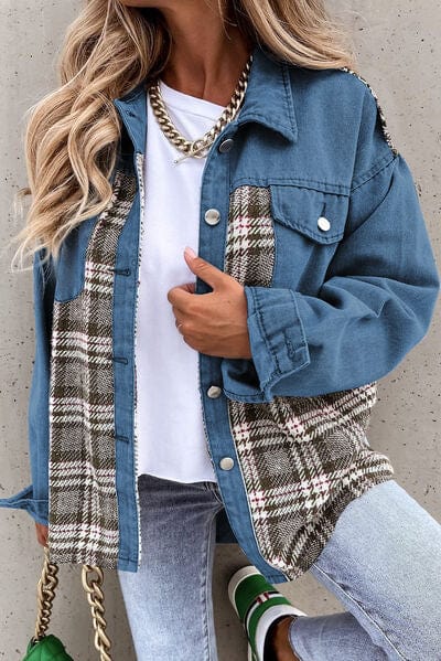 Plaid Pocketed Button Up Denim Jacket French Blue / S