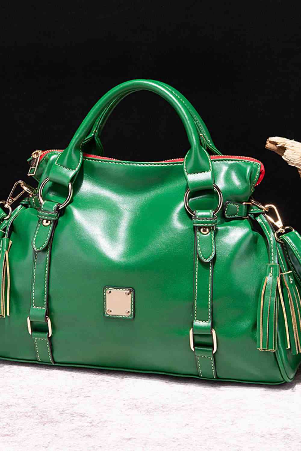Vegan Leather Handbag with Tassels Mid Green / One Size
