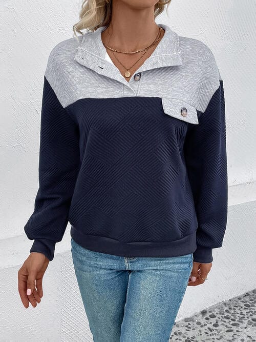 Textured Contrast Half Button Sweatshirt Navy / S