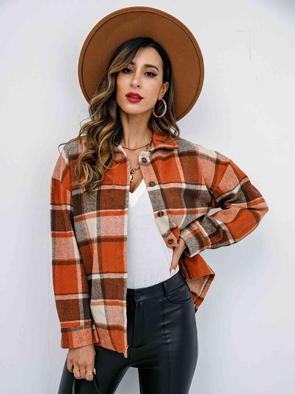 Campfire Plaid Button Up Collared Neck Jacket Orange / S