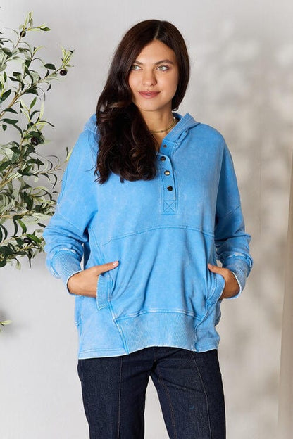 Zenana Half Snap Sky Blue Hoodie with Pockets