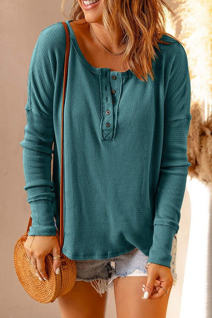 Waffle Knit Henley Long Sleeve Top Teal / S