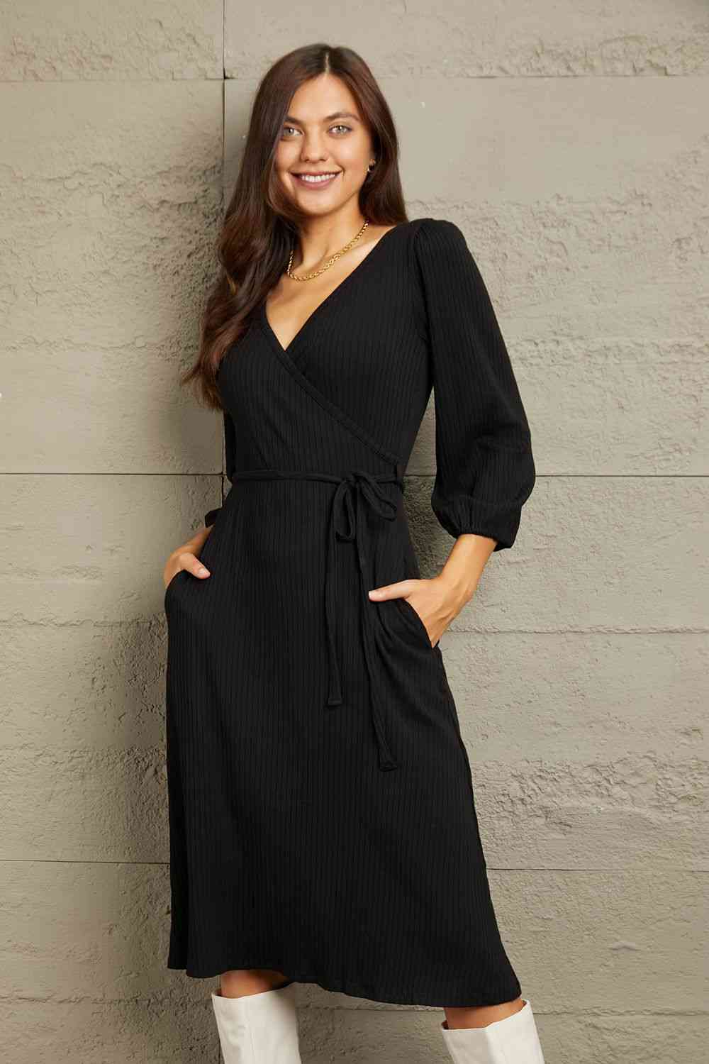 Culture Code Black Full Size Surplice Flare Rouching Dress