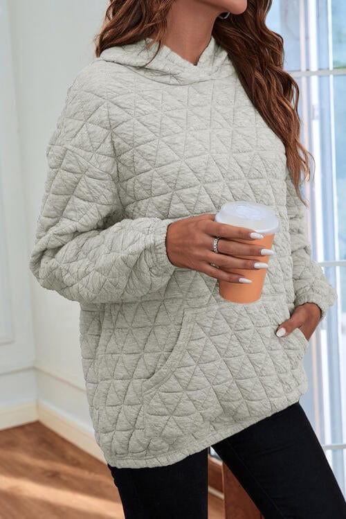 Quilted Long Sleeve Hoodie with Pocket Light Gray / S