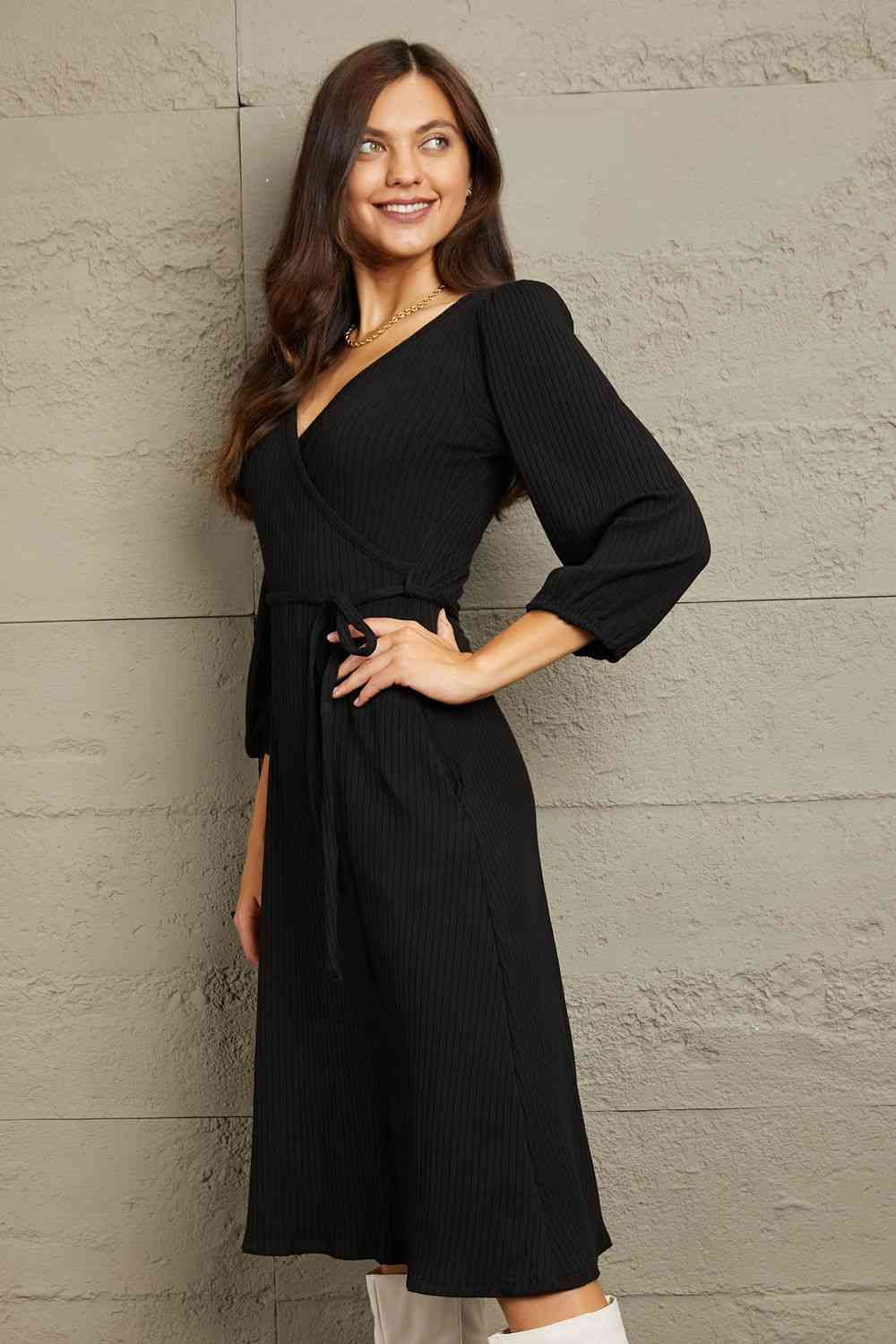 Culture Code Black Full Size Surplice Flare Rouching Dress