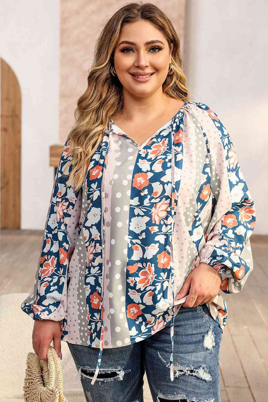 Plus Size Floral Tie Neck Blouse Multicolor / 1XL