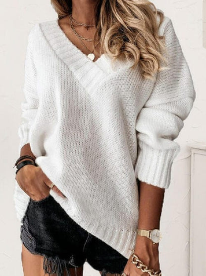 V-Neck Long Sleeve Knit Sweater White / S