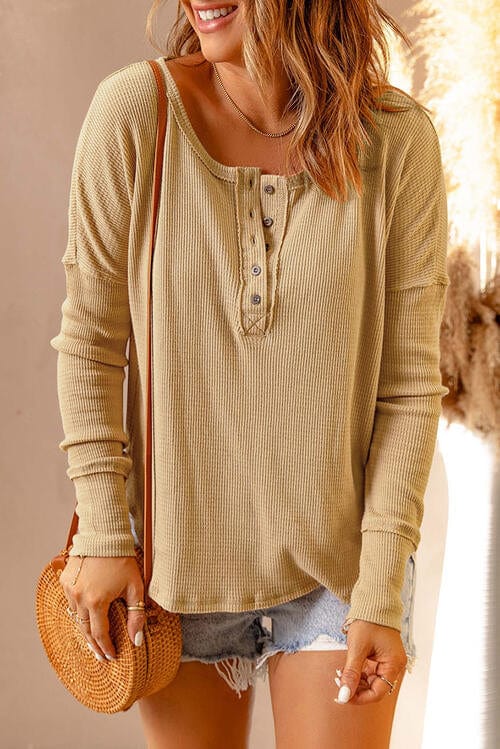 Waffle Knit Henley Long Sleeve Top Tan / S