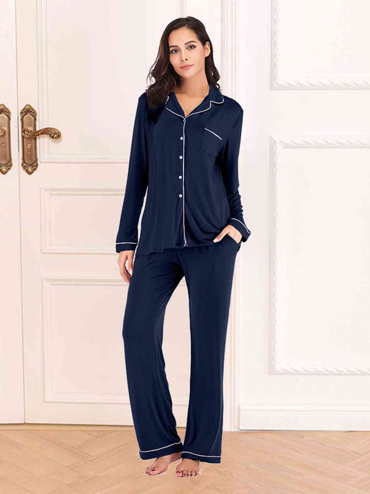 Collared Neck Long Sleeve Loungewear Set with Pockets Navy / S