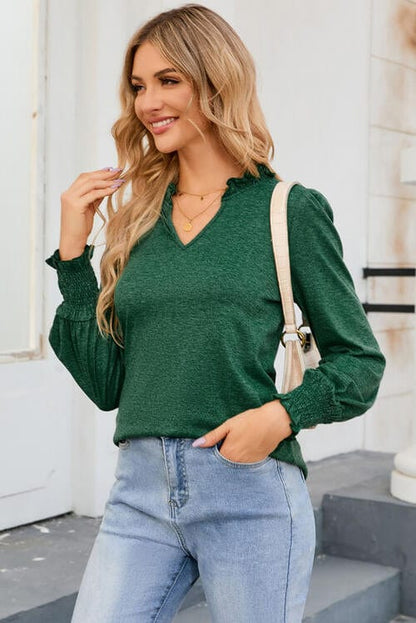 Frill Notched Neck Smocked Designed Long Sleeve Top