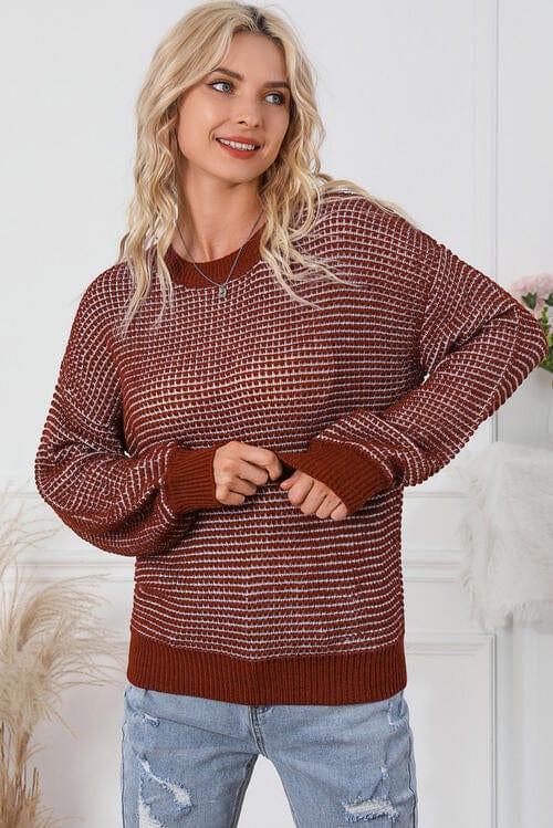 Textured Round Neck Long Sleeve Sweater