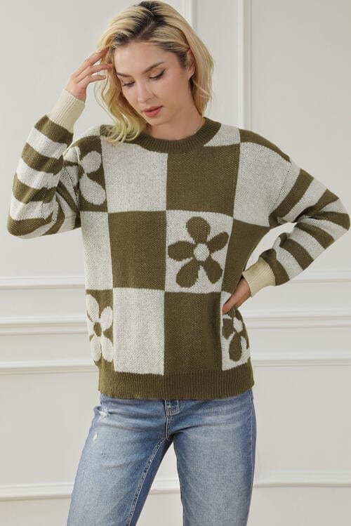 Checkered Round Neck Long Sleeve Sweater with flower