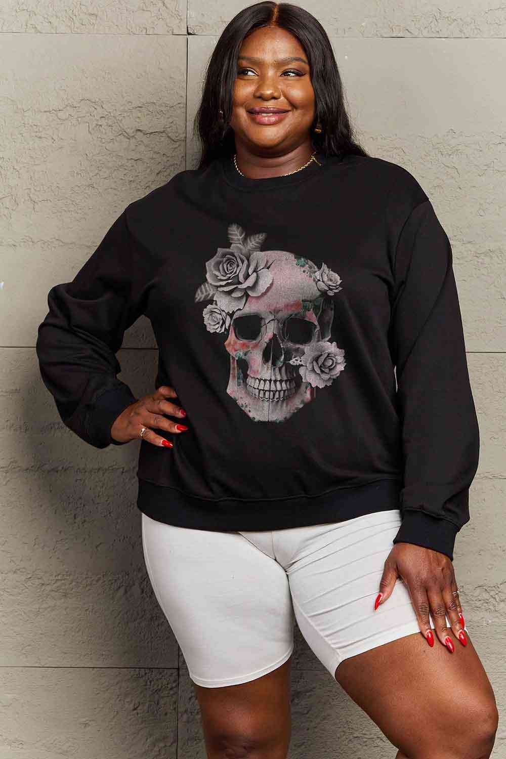 Simply Love Full Size Dropped Shoulder SKULL Graphic Sweatshirt