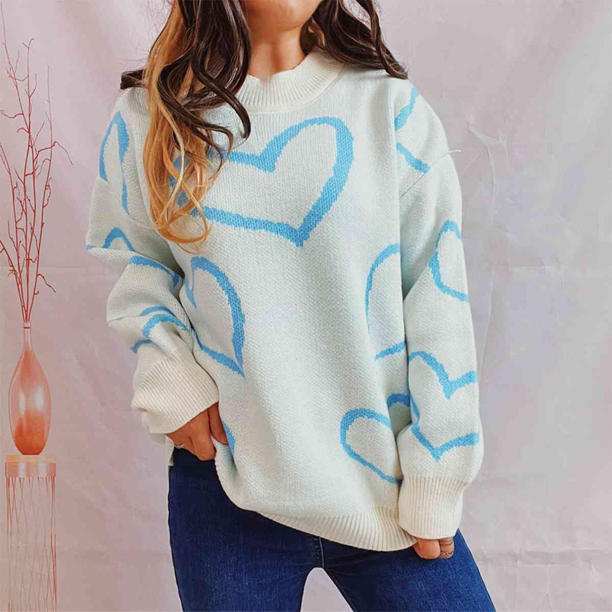 Heart Pattern Long Sleeve Sweater Pastel  Blue / S