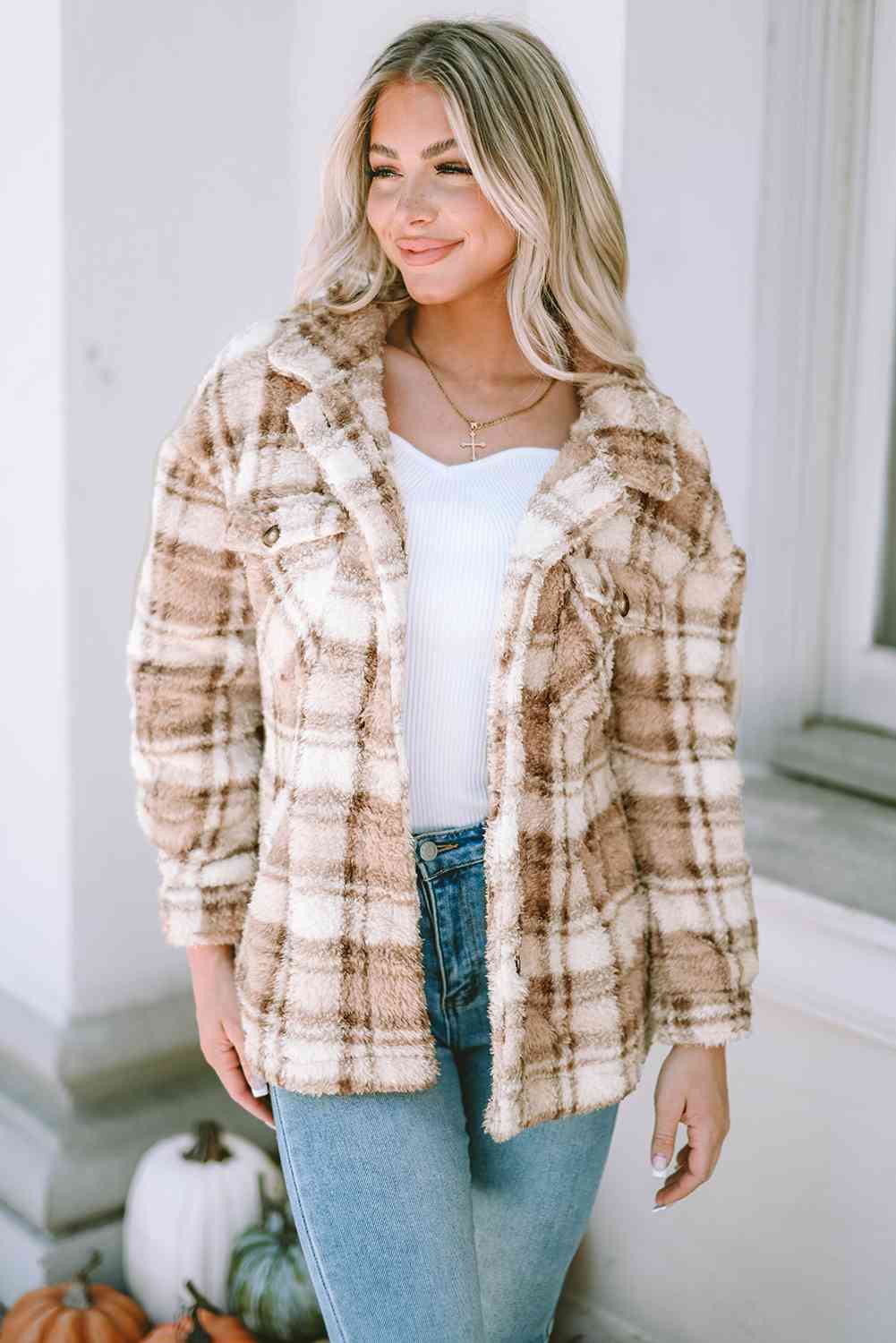 Plaid Collared Neck Jacket Tan / S