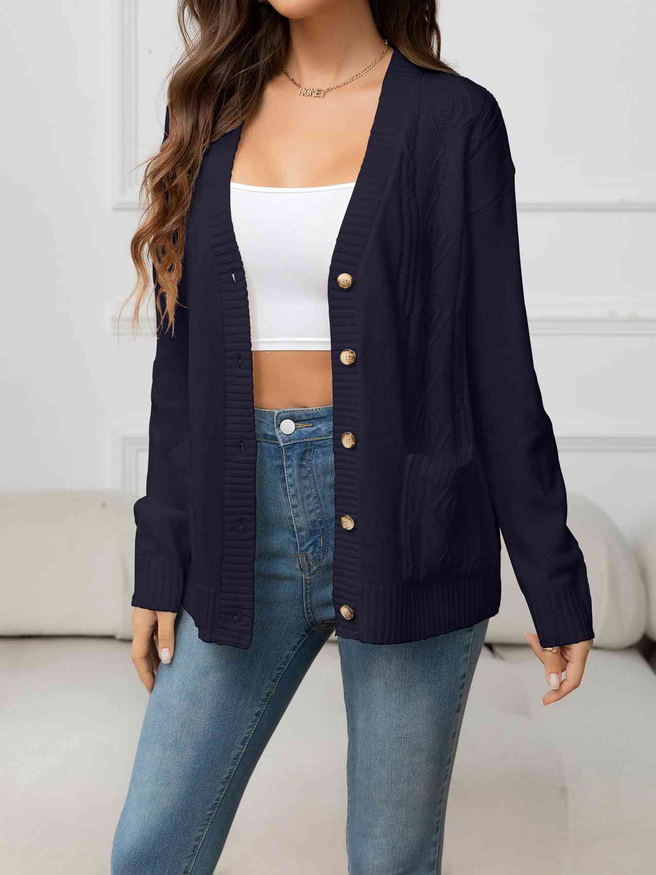 V-Neck Long Sleeve Buttoned Knit Cardigan with Pocket