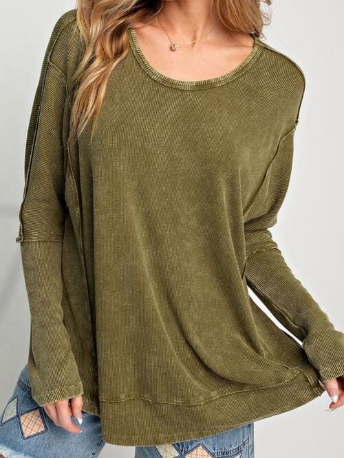 Exposed Seam Round Neck Long Sleeve Top