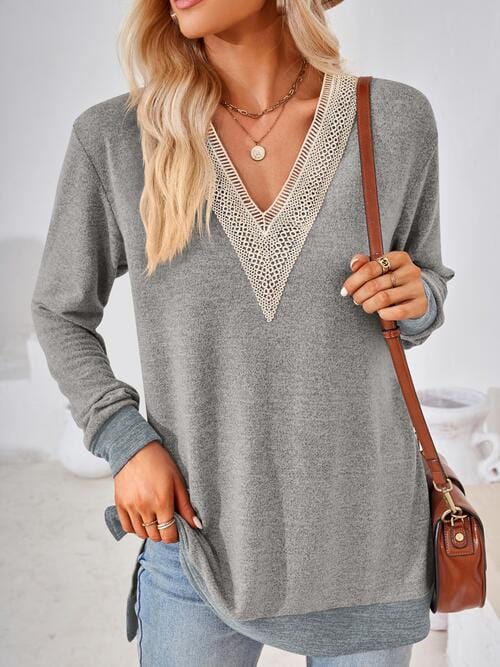 Crochet V-Neck Long Sleeve Slit Top Light Gray / S