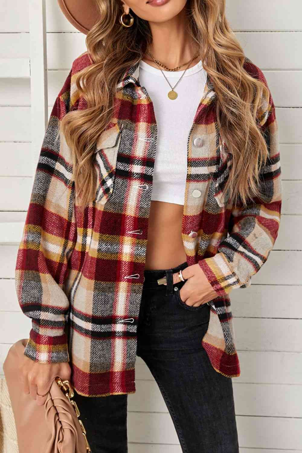 Plaid Pocketed Button Down Shacket Yellow/Red / S