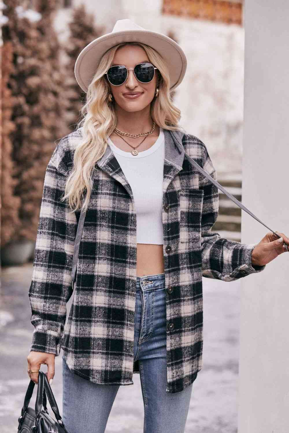 Plaid Dropped Shoulder Hooded Longline Jacket Black / S