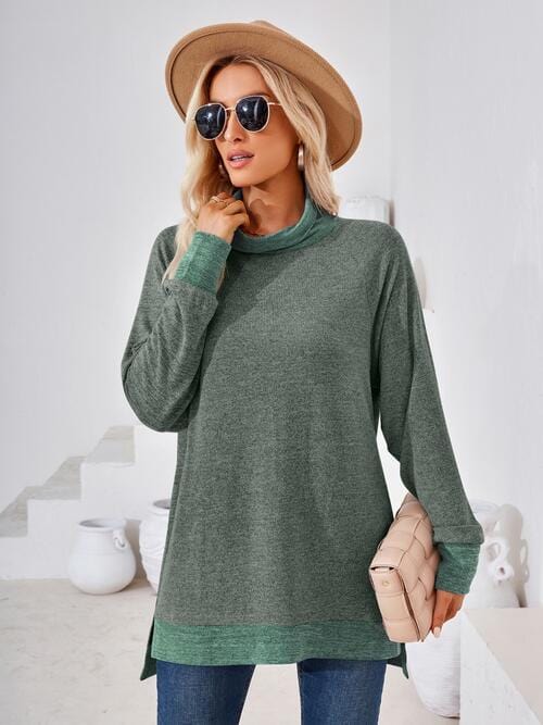 Contrast Mock Neck Long Sleeve T-Shirt Army Green / S