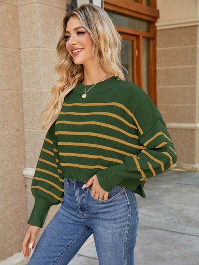 Round Neck Striped Lantern Sleeve Sweater Army Green / XS