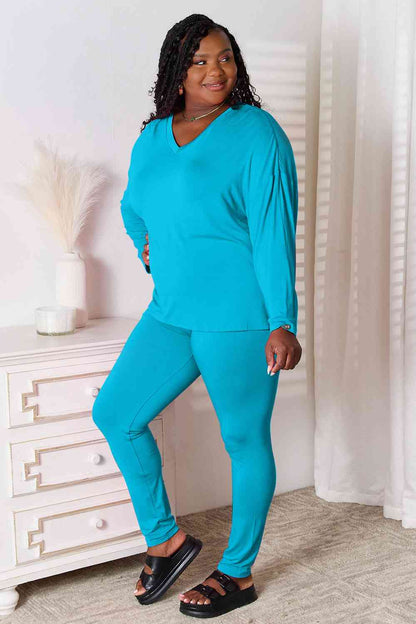 Basic Bae Full Size V-Neck Soft Rayon Long Sleeve Top and Pants Lounge Set Sky Blue / S