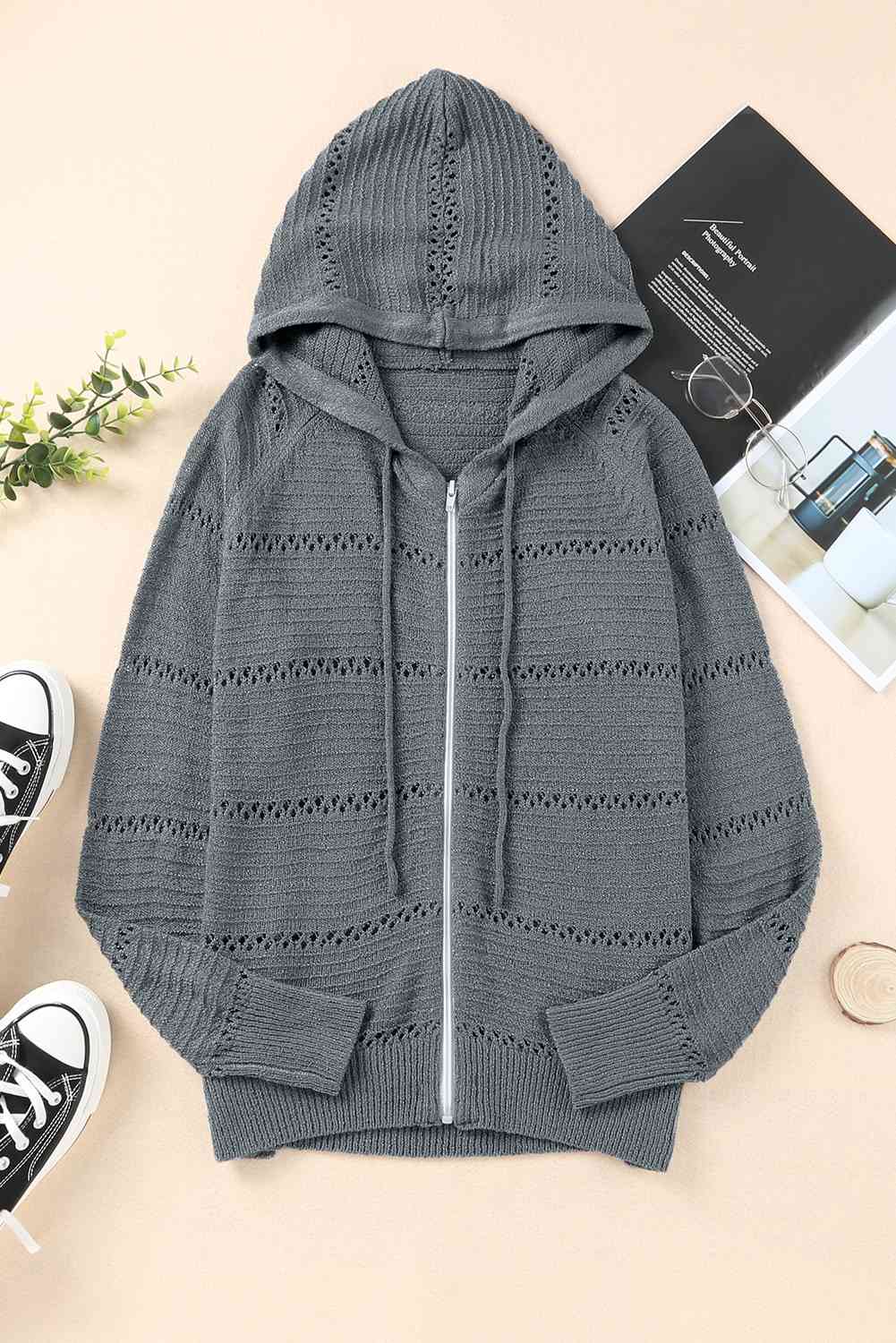 Zip-Up Raglan Sleeve Openwork Hooded Cardigan Mid Gray / S