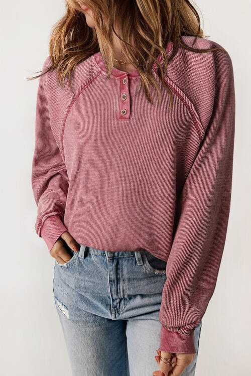 Waffle Knit Raglan Sleeve Henley Sweatshirt Moonlit Mauve / S