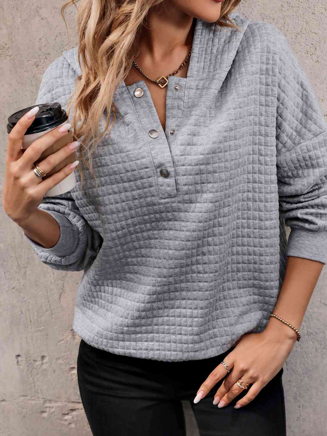 Geometric Textured Half Button Hoodie