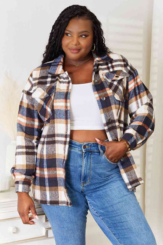 Double Take Navy Plaid Button Front Shirt Jacket with Breast Pockets Navy / S